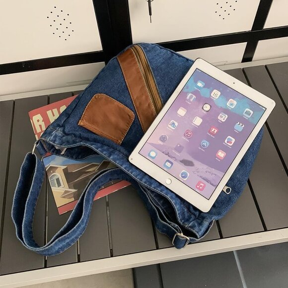 Denim Purse for Women Men Tote Bag with Zipper Crossbody Blue Jean Purses Canvas - Picture 7 of 9